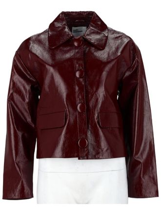 Self Portrait Burgundy Glossy Covered-Button Leather Jacket