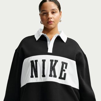 Nike Womens Studio Fleece Medium Weight Oversized Rugby Sweatshirt (Plus Size) in Black | IU8323-001