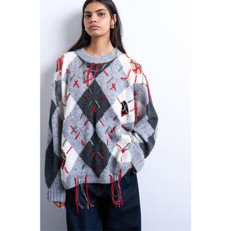 Topshop Oversize Distressed Argyle Stitch Sweater in Grey at Nordstrom Rack, Size X-Small
