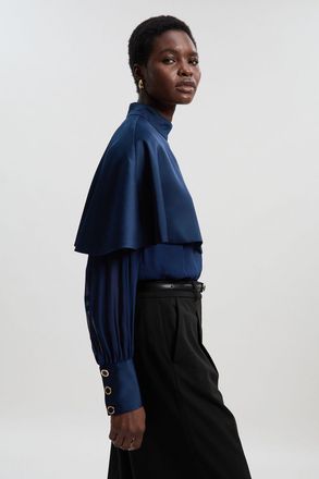 Karen Millen Womens Military Sheer Cape Detail Woven Top - Navy Viscose - Size 14 UK