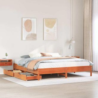 vidaXL Cama Sin Colch&oacute;n Madera Maciza De Pino Marr&oacute;n Cera 200x200 Cm Vidaxl