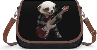 Generic Cool Ferret Playing Guitar Crossbody Bag Womens Handbag PU Message Bags Shoulder Purse with Adjustable Strap