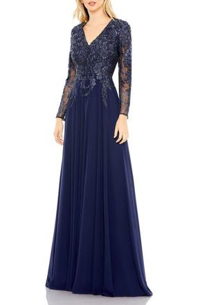 Mac Duggal Womens Floral Embroidered Illusion V-neck A-line Gown in Navy at Nordstrom, Size 20