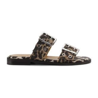 Ganni Leopard Print Double Strap Buckle Sandals - female - Ganni - Sliders - Multicolor - 2 UK - Shoes