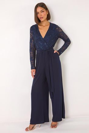 Roman Sequin Lace V-Neck Stretch Jumpsuit