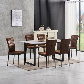 Ainpecca Ainpecca - Grey Dining Table and Chairs 6 Set Dining Room Chair Kitchen Home Office(table+6 Brown suede chairs)