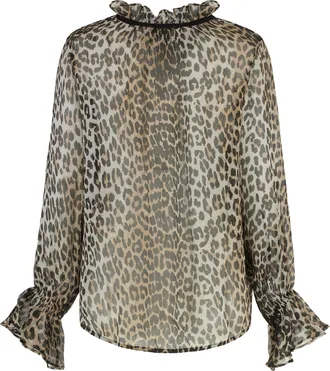 Ganni Womens Viscose Blouse With Tie Neck Ribbon Animalier Blouses Shirt