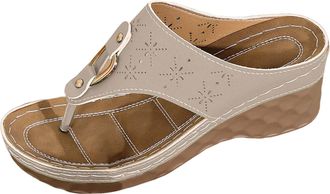 Generic Womens Wedge Sandals Summer with Cut Out Casual Comfortable Flat Sole Slides Breathable Fashion Outdoor Floral Flip Flops for Daily Walking (Beige, 5.