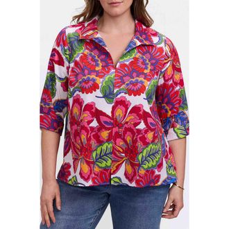 Foxcroft Agnes Paradise Blooms Three-Quarter Sleeve Cotton Popover Top in Pink/White Multi at Nordstrom, Size 1 X