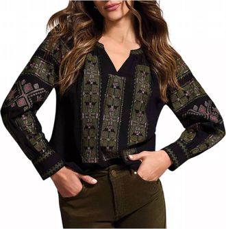 Tribal Womens Embroidered Boho Long Sleeve Notch Neck Blouse In Black