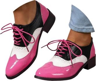 Generic Womens Lace Up Wingtips Two Tone Oxford Shoes Wingtip Chunky Heeled Patent Leather Vintage Lace up Two Tone Saddle Shoes PU Leather Oxford Shoe Low To