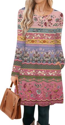 Generic Long Sleeve Tshirt Dresses for Women with Pockets Autumn Winter Casual Crew Neck Loose Vintage Graphic Printed Dress UK,V Neck Ruffle Sleeve Casual Sw