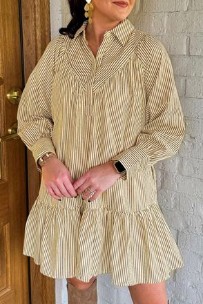 Azura Exchange Womens Striped Tiered Long Sleeve Dress - Tan Cotton - Size X-Large