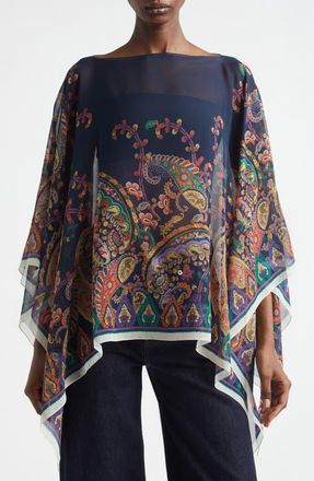 Etro Paisley Print Silk Chiffon Poncho in Printed Blue Base at Nordstrom