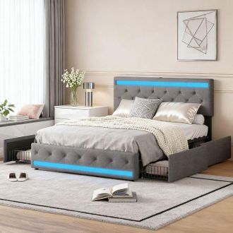 OEM Cama 140x190 Billia - 4 Cajones, Led Rgb Y Puertos Usb, Cabecera, Somier Incluido - Lino Gris, Carga 250 Kg