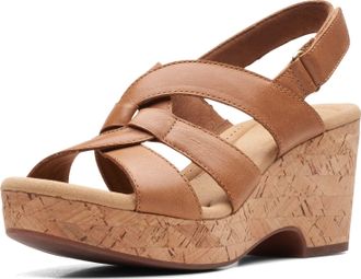 Clarks Womens Giselle Beach Wedge Sandal, Tan Leather, 5.5 UK