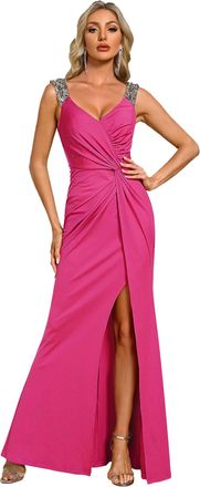 Ever-pretty Maxi Formal Evening Dress Elegant Sequin V Neck and High Slit Prom Dress Hot Pink 16
