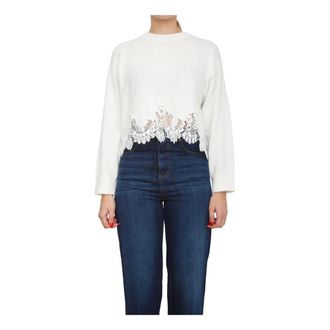 Twinset Round-neck Knitwear, female, White, Size: L Angora Knit with Embroidery and Lace