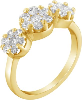 House of Brilliance 14K Yellow Gold 1-1/4 Cttw Brilliant Cut Diamond Three Round Floral Clusters Engagement or Fashion Ring