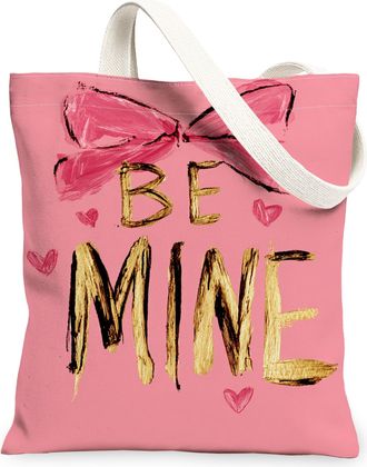 Generic ValentineS Day Hearts Canvas Tote Bags, Cute Bow Pattern Reusable Shopping Bags, Lightweight Washable Shoulder Strap, Peach, 13x15 Inch