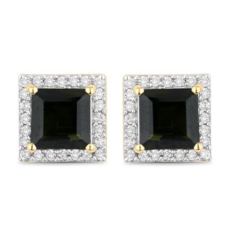 Diana M. Jewels Green Tourmaline Square 5mm - 2Pcs + White Diamond F/C Round 0.90mm( I1-I2/I color ) - 48Pcs ( White Pen Rhodium ) ( Push Post )