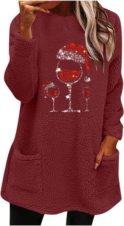Generic My Recent Orders Christmas Jumpers for Women UK Fall Winter Fleece Fleece Sweater 2024 Casual Crewneck Xmas Elk Red Wine Glass Cow Print Pullover Tops