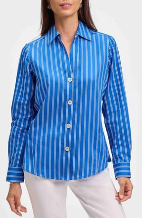 Foxcroft Paityn Stripe Cotton Button-Up Shirt in Cobalt Blue/White at Nordstrom, Size 14