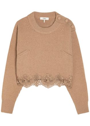 Chlo&eacute; Lace-trim Wool and Cashmere-blend Jumper - Brown - S (UK8-10 / S)