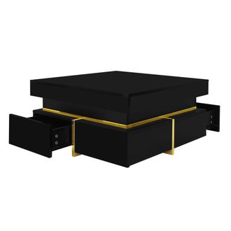 STILVORA Mesa De Centro Cuadrada Con 2 Cajones, Detalles Dorados, Acabado Brillante Lacado, En Tablero De Part&iacute;culas, 70&times;70&times;35,5 Cm, Negro