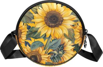 Generic Circle Crossbody Bag for Women, Sunflower Small Sling Bag Daypack with Zipper Adjustable Shoulder Straps Casual Ladies Girls Round Purse