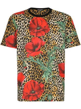 Dolce & Gabbana floral leopard-print T-shirt - men - Cotton - 52 - Brown