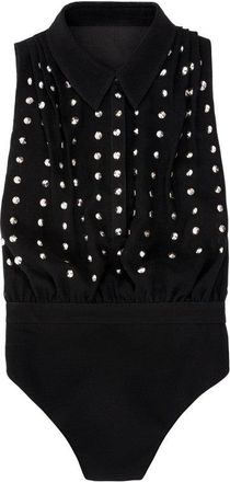 Saiid Kobeisy Jet Black Crepe Beaded Bodysuit