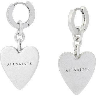 AllSaints Heart Charm Huggie Earrings in Warm Silver at Nordstrom