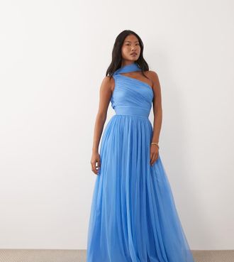 Lace & Beads Petite Vestito lungo monospalla blu acciaio con collo a sciarpa-Rosa