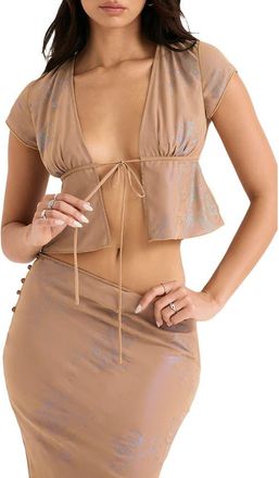 House of CB Maia Tie Front Sheer Georgette Crop Top in Shimmer Cafe at Nordstrom, Size X-Small