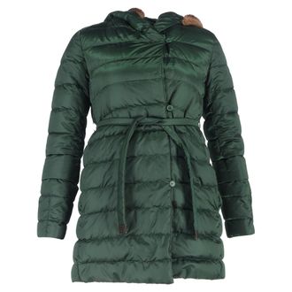Max Mara Belted Fur Trim Down Jacket in Green Polyamide