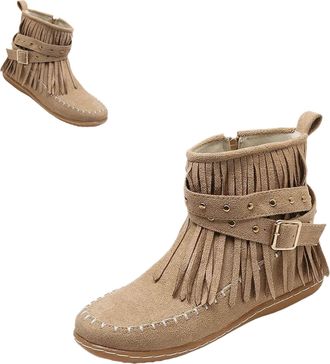 Generic Womens Fringe Ankle Boots Faux Suede Wide Width Round Toe Flats, Mid Calf Tassel Retro Dressy Dress Shoes,Wide Width Round Toe Flats Faux Suede Winter