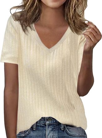 Generic T Shirts for Women Summer Short Sleeve V Neck Ladies Knit Tops Loose Casual Basic Blouse(Beige, XL) Still Nachthemd Damen