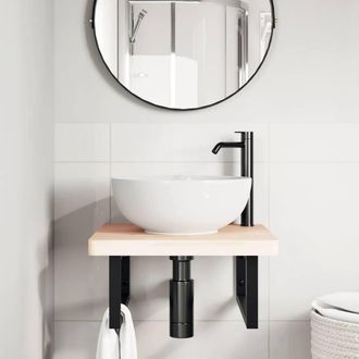 Berkfield Home Elegant Basin Shelf Wall Mounted Steel & Solid Wood Beech in Light Tan