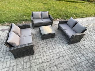 Fimous 6 Seater Rattan Wicker Garden Furniture Patio Conservatory Sofa Set with Square Coffee Table Double Seat Sofa in Dark Grey