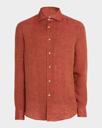 Brunello Cucinelli Mens Linen Spread Collar Button-Down Shirt