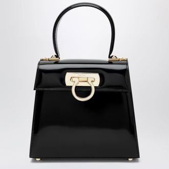 Ferragamo Small black leather top-handle bag with Gancini closure