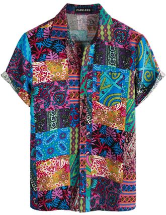PARKLEES Mens Linen 70s Hippie Style Floral Print Shirt Short Sleeve Button Down Hawaiian Shirts Blue Pink XXX-Large
