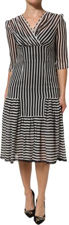 Dolce & Gabbana Black White Stripes Silk V-neck Midi Womens Dress (Pre-Owned)