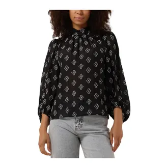 Minus Overhemden, Dames, Zwart, S, Polyester, Zwarte Ronde Hals Blouse