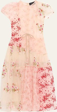 Simone Rocha Floral Sheer Organza Puff-Sleeve Midi Dress