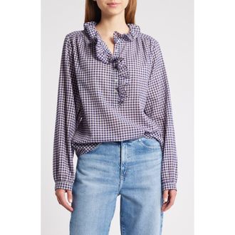 Xirena Caspia Gingham Ruffle Popover Top in Stone Blue at Nordstrom Rack, Size Large