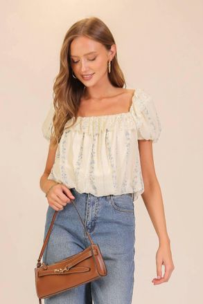 Lumiere Lace Trim Floral Puff Sleeve Blouse In Beige