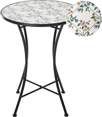 Beliani Mesa De Balc&oacute;n Jard&iacute;n De Metal Estilo Hierro Forjado Con Tablero De Mosaico Cer&aacute;mico Blanco Roto Collio