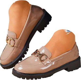 Generic Womens Chunky Platform Loafers with Buckle Leather Business Casual Work Shoes Dressy Comfortable Slip On Loafer for Women British Round Toe Low Heel S